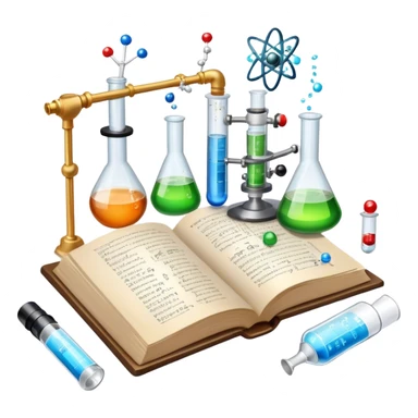 Icon for Scientific and Educational Reading: an open book with mathematical and physical formulas on the pages, with molecules and atoms flying out. On the desk are test tubes, flasks, and a microscope. Transparent background. sticker
