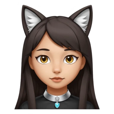 woman with medium skin tone and long straight dark hair, cat ears (no headband), wearing a cute pink or silver collar sticker