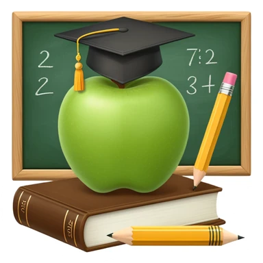 An icon featuring a chalkboard with educational equations, an apple, and a pencil, symbolizing pedagogy. The design includes a stack of books and a graduation cap, representing teaching and learning. Transparent background highlights the dedication to education and mentorship. sticker