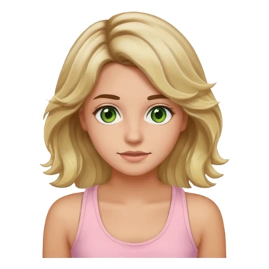 ca you make her hair a 20-year-old girl with long wavy hair brown roots blonde highlights green eyes brown eyebrows good summer tan iPhone emoji style with light pink tank top can you make her hair a little longer please sticker