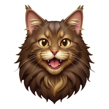 Cinematic Cute Dark Brown Maine Coon Cat Portrait Emoji, Head tilted playfully and yawning, sleek deep brown and gold tones with subtle hints of black, Simplified yet adorable features, highly detailed, glowing with a warm, friendly glow, high shine, curious and affectionate, stylized with a touch of whimsy, bright and alert, soft glowing outline, capturing the essence of a mischievous yet loving kitten, so endearing it feels like it could leap out of the screen and stretch with its fluffy tail swishing! sticker