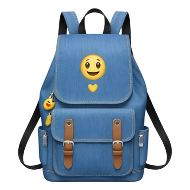 An emoji-style blue denim backpack with a flap top and one small buckle straps attached only on the flap, not connected to the front panel. No front pockets or vertical straps below the flap. Clean and minimal design with two side pockets. 



 sticker
