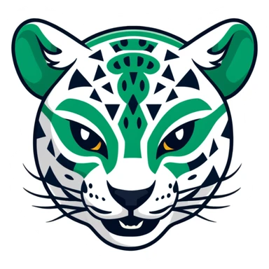 Ancient Egyptian style profile of jaguar with strict geometric lines, flat hieroglyphic style, only white and deep dark green, no curved lines, angular shapes only sticker