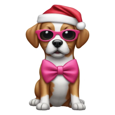 dog with pink sunglasses with a santa hat and red clothes and a white bow tie sticker