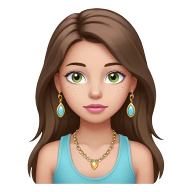 Create a teen girl wearing a light blue tank top. She will have long brunette hair, tan skin, pink lips, and grey-green eyes. She has long eyelashes. She also has light freckles and is wearing tiny gold jewelry sticker