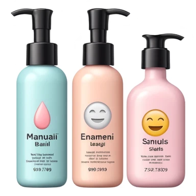 emoji of three different beauty products, with brand labels, minimalistic but luxury design (realistic), pastel colors sticker