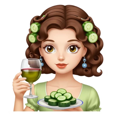 Beautiful girl with long brown hair with curlers in hair and cucumber on eyes, sipping wine from teacup sticker