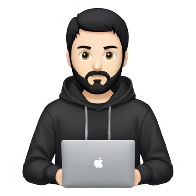 hackeur blanc cheveux noir barbe et capuche noir avec un macbook sticker