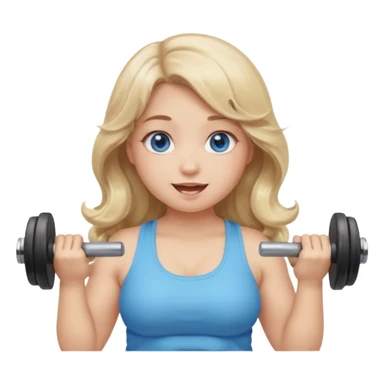 Kawaii emoji girl with big  blue glossy eyes, long wavy dirty blonde hair, happy expression, holding a dumbell, chubby cheeks, soft pastel colors, cozy and sweet aesthetic, clean background. sticker