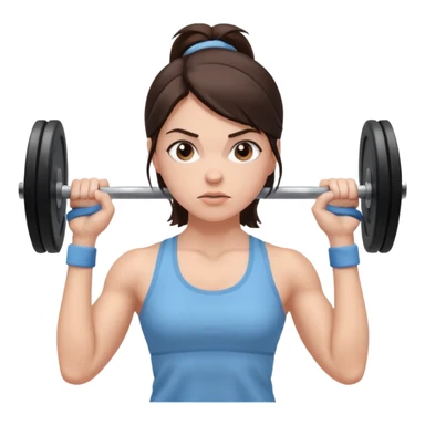 brunette woman in light blue gym clothes lifting a barbell, determined expression, clean background sticker