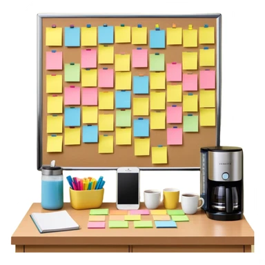 A bulletin board with sticky notes arranged in a progress-tracking grid. Next to it, a water bottle and book sit beside a coffee maker, while a phone is face-down outside a bedroom, symbolizing a distraction-free habit system. sticker