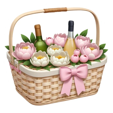 White Picnic basket with light pink bow and white peonies inside sticker