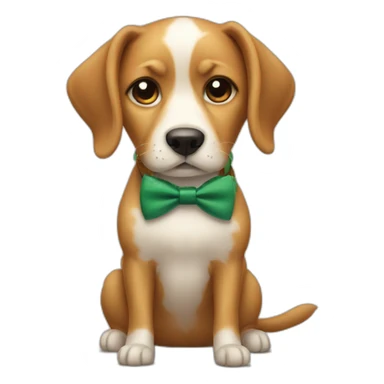 A dog with the bowtie eating an apple sticker