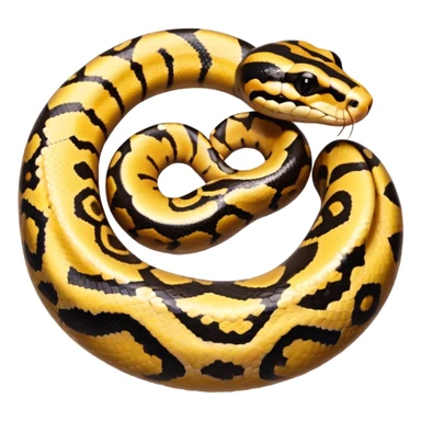 A photo-realistic top-down view of a Ball Python gently coiled into a tight spiral, with its head resting peacefully at the center. Its scales are warm brown with bold, irregular black markings, including the distinctive “alien-head” pattern, flowing smoothly along its body.  sticker