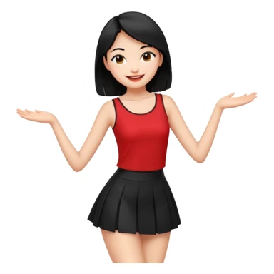 Chicas esbelta con falda corta negra y top rojo,pelo semi largo negro y lacio  super feliz,pero bailando sticker