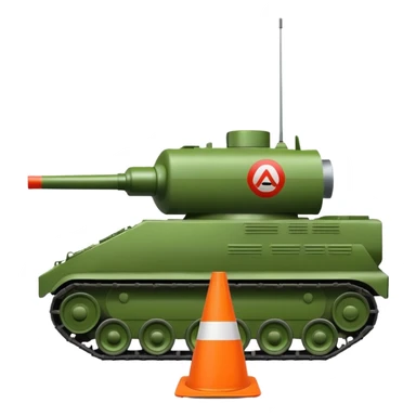 green military tank rolling over a traffic cone with a sad face, the cone is underneath the tank's treads, emoji style sticker