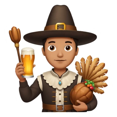 Mexican man dressesd as  Thanksgiving pilgram holding a large drumstick and Corona beer sticker