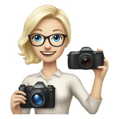 Elegant real blonde girl with glasses smiling blue eyes taking pictures with a camera  sticker