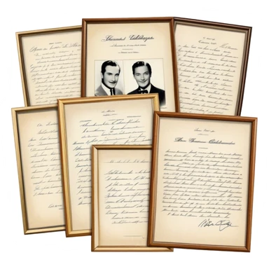 Icon for Autograph Collecting: several vintage framed with signatures of famous celebrities sheets stacked one on top of the other, each . The icon should evoke the charm and history of collecting autographs. Transparent background. sticker