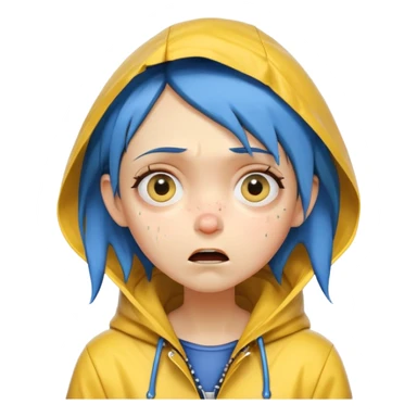 Coraline with blue hair, yellow raincoat, dramatic crying face, eyes looking up choking herself. sticker