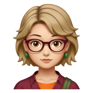 A girl with very short hair not with a helmet but short like Rapunzel from brown and wavy dark blonde with brown eyes and light complexion burgundy glasses and an orange shirt with the ninja turtle drawn orange and has earrings like those of Tanjiro Kamado sticker