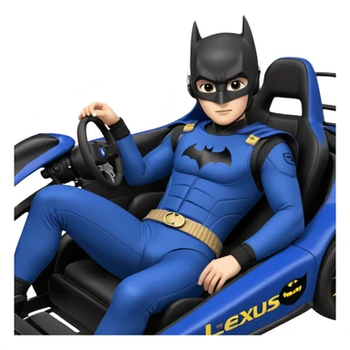 scale real-appearance road racing sexy muscular Batman’s masculine midnight-colored tight outfit 1970’s tv style dark knight stealthy accurate sporty safe plush deluxe off-road pursuit drifting F1 car lexus (black hair,reclining and relaxed torso and shoulders back against seat) rallycross kart  sticker