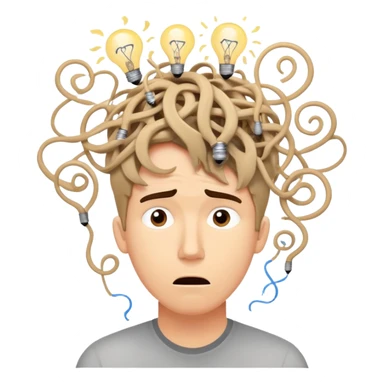 Person with a chaotic mind, swirling tornado of tangled thoughts around their head, containing question marks, light bulbs, and scribbles. The person has a bewildered, overwhelmed expression. sticker