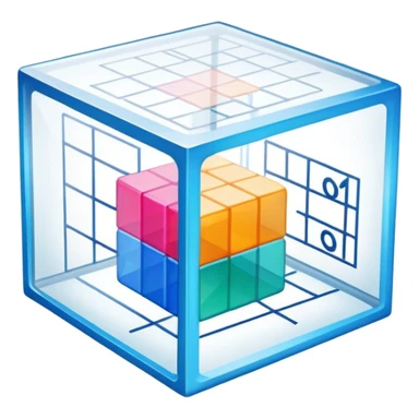 An icon featuring a transparent cube with geometric sections and mathematical calculations, symbolizing the study of mathematics. The design includes algebraic formulas, graphs, and mathematical symbols, representing advanced mathematical concepts and problem-solving. Transparent background sticker