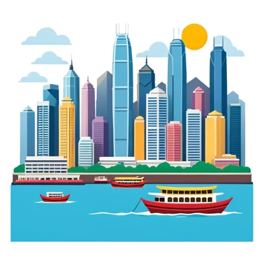 Hong Kong Victoria Harbor skyline, simplified emoji style with bold outlines and bright colors, cartoon style city view with tall buildings sticker