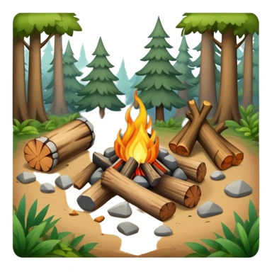 bushcraft campfire with stones, logs for sitting, in forest setting sticker