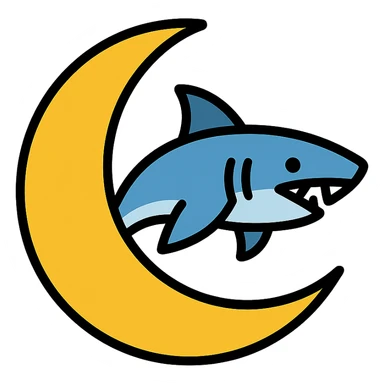 moon with a shark icon in lineal color with black outlines sticker