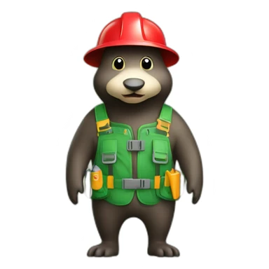 mole with red nose, green gardening harnesses, green helmet with a light sticker