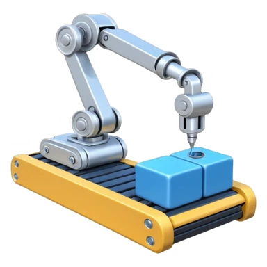 robot arm which is picking blue block on conveyor belt sticker