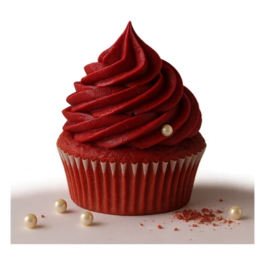 Change the icing to red velvet with a deep red, creamy texture, keep the realistic cupcake and accessories, photorealistic style, transparent background. sticker
