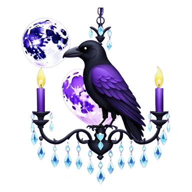purple heart with a black raven, moon, and chandelier, dark romance sticker