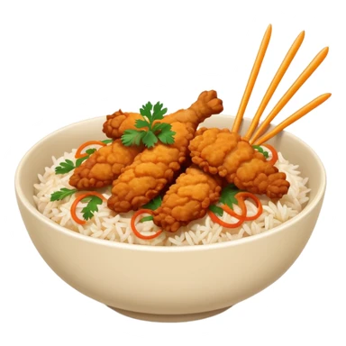 iOS-style minimal food emoji of a rice bowl with crispy fried chicken tenders, fried onions, sweet-and-sour sauce, and parsley garnish, smooth shapes, vibrant natural colors, clean vector-like rendering, transparent background. sticker