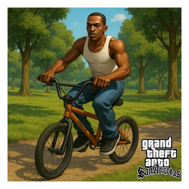 CJ from GTA San Andreas riding a BMX in a park background sticker