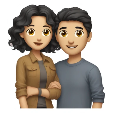 A half pale Asian man with short dark hair and amber eyes embracing and loving a half Asian woman with long wavy dark hair and dark hazel eyes. They love each other a lot And have good fashion taste. And are having a lot of fun sticker