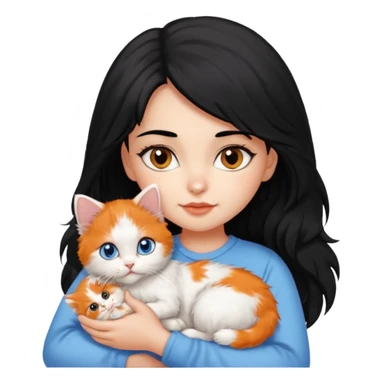 A girl black hair and brown eyes with A 2-month-old Persian-Angora mix kitten with blue eyes and mostly ORANGE fur with white patches sticker