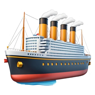 A miniature 3D Titanic ship emoji in Apple style, small and compact with smooth glossy surface, bright clean colors, simplified but recognizable details like smokestacks and windows, no facial features, floating on calm ocean, soft shadows, high-quality render, isolated on white background.



 sticker