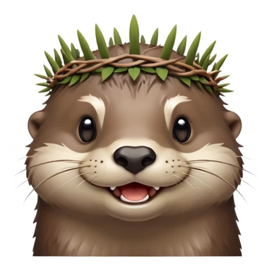 really cute smiling joyful otter face in three-quarter profile view with simple thorny stem wrapped horizontally around its forehead like Jesus Christ's Crown of thorns, no crown shape on top, just thin spiky branches circling the forehead sticker