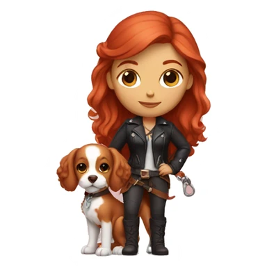 red-haired girl in leather holding a Cavalier puppy sticker