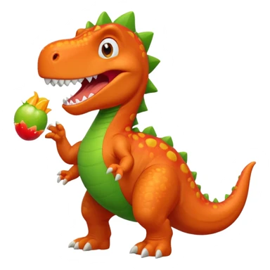 cheerful orange and red dinosaur mascot Gulpee from Planet Coaster, wearing a green t-shirt, big smile, energetic pose sticker