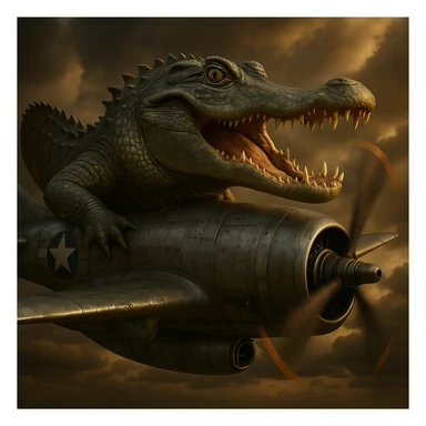 Create a single, realistic, metallic bomber plane that merges lifelike crocodile features with classic bomber plane elements. Include detailed textures and dramatic lighting in a photorealistic style. sticker