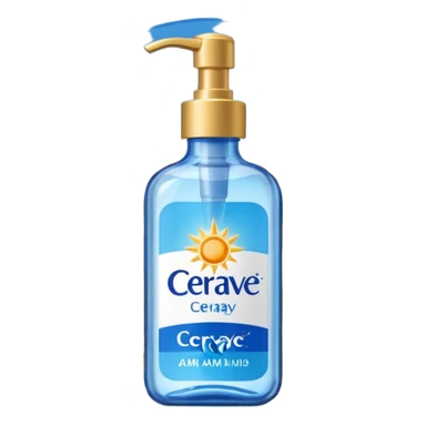 White CeraVe bottle with blue label and yellow “AM” badge, topped with a pump. Surrounded by radiant sun sparkles, soft UV-deflecting light rings, and a blue protective glow. Feels like a daytime skin shield potion in a sleek, glossy bottle. sticker