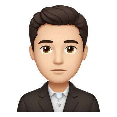 He’s a man with light to medium skin, a defined oval face, full brows, deep-set eyes, and wavy short dark brown hair styled with height, sides are trimmed. expression calm and focused relaxed black open-collar .polished, articulate, and coach vibe. sticker