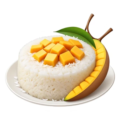 cinematic-realistic-mango-sticky-rice-dessert-emoji,-showcasing-sweet-sticky-rice out of a mould-paired-with-ripe-mango-slices-and-coconut-milk-rendered-with-lifelike-detail-and-warm,-inviting-lighting with the coconut  milk over the rice sticker