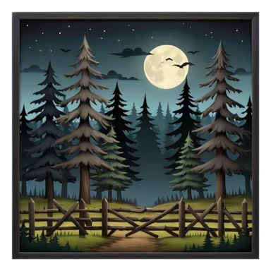 a dark, brooding forest at night, with large looming fir trees. in front of the forest is a dilapidated old farm fence. sticker