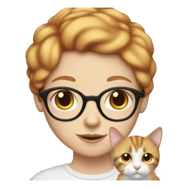 White skin, short strawberry-blonde haired girl with glasses holding calico cat sticker