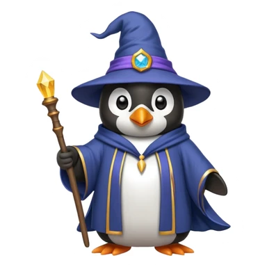 penguin wearing a wizard hat and robe, holding a magic wand sticker